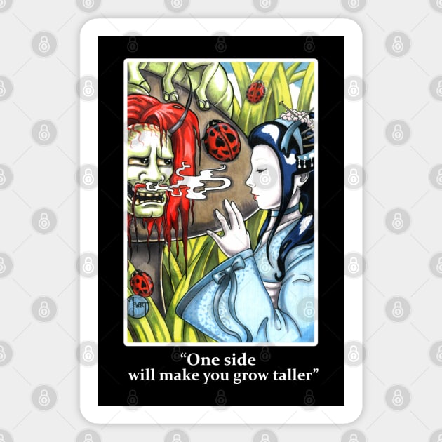 Japanese Alice in Wonderland and Caterpillar - One Side Makes You Grow Taller - White Outlined Version Magnet by Nat Ewert Art